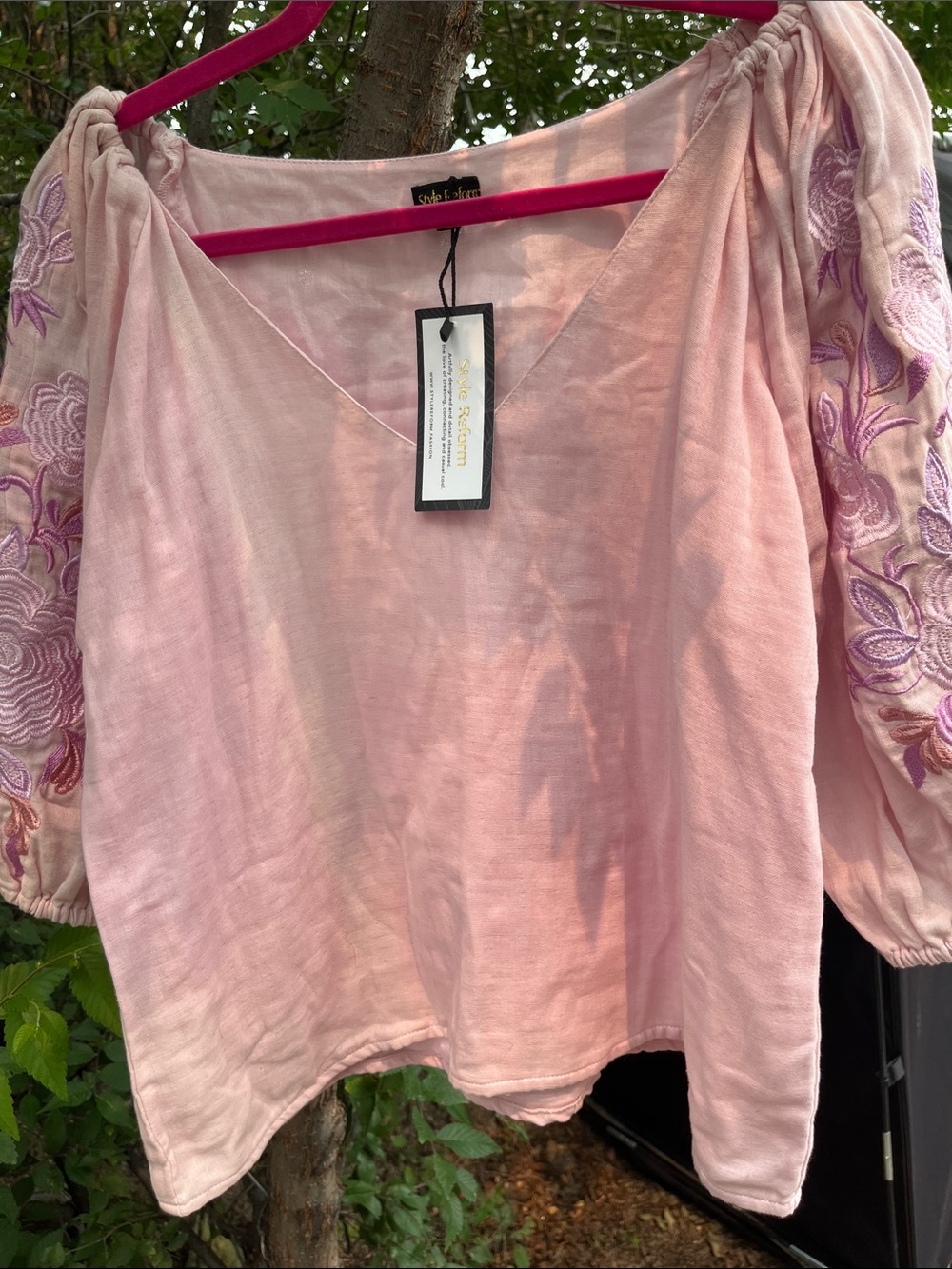 Embroidered Puff-Sleeve Pink Blouse by